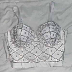 White Pearl Embellished Bustier Top
